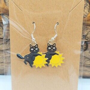 Black Cat Earrings Kitty Hugging Sun
